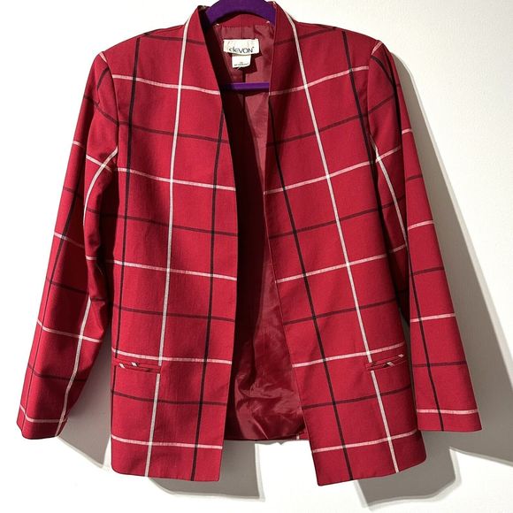 Devon Vintage Blazer Jacket Women’s Size 10 Red Windowpane Plaid Open 70s 80s - Picture 5 of 9